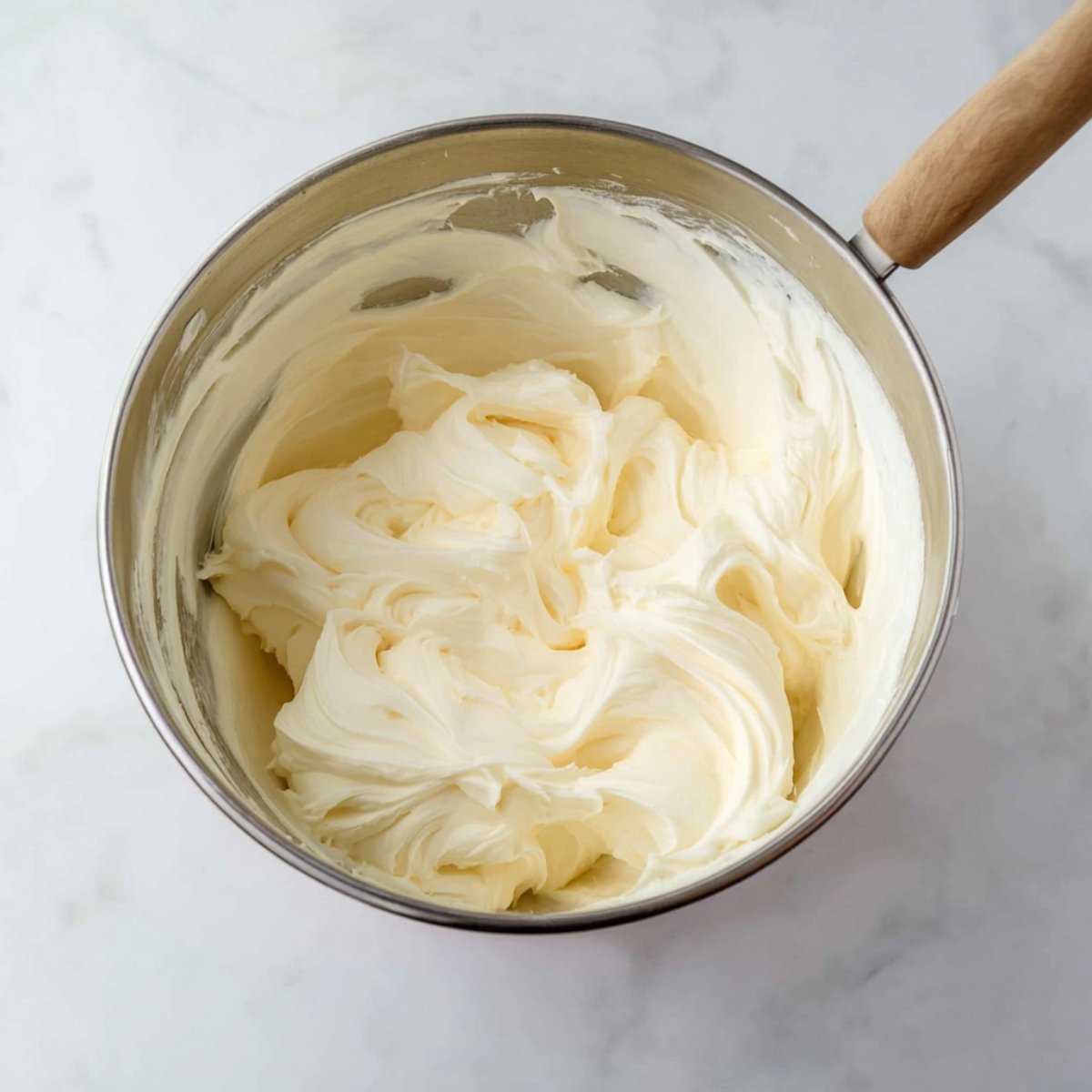 "A smooth and velvety cream cheese frosting ready to be spread between layers of homemade carrot cake."