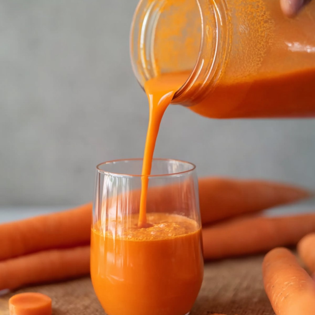 A hand pouring freshly made, vibrant orange Caribbean carrot juice from a jar into a glass. The juice is flowing smoothly with a deep orange color, set against a backdrop of whole carrots.