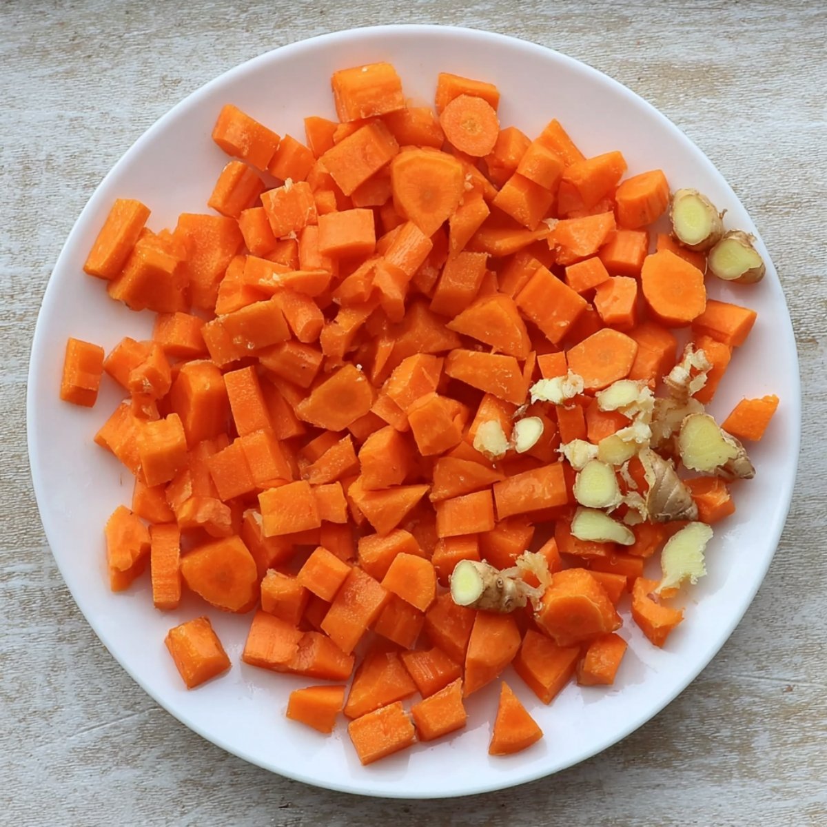 A plate with neatly chopped pieces of fresh carrots and small chunks of ginger, ready for juicing. The vibrant orange of the carrots contrasts with the beige and light brown tones of the ginger.