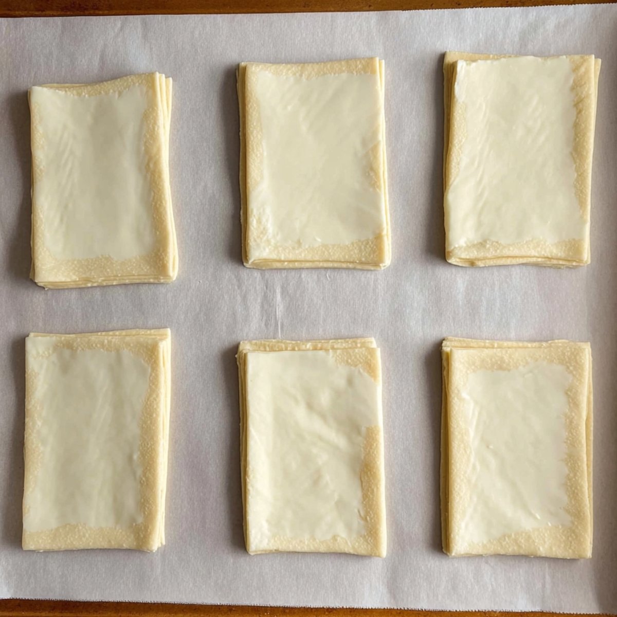 "Place the cut puff pastry squares on a baking sheet lined with parchment paper, making sure they are evenly spaced for even baking. These squares are the perfect base for your creamy cheese filling. The puff pastry will rise beautifully during baking, forming a golden, flaky crust that pairs wonderfully with the rich cheese center."
