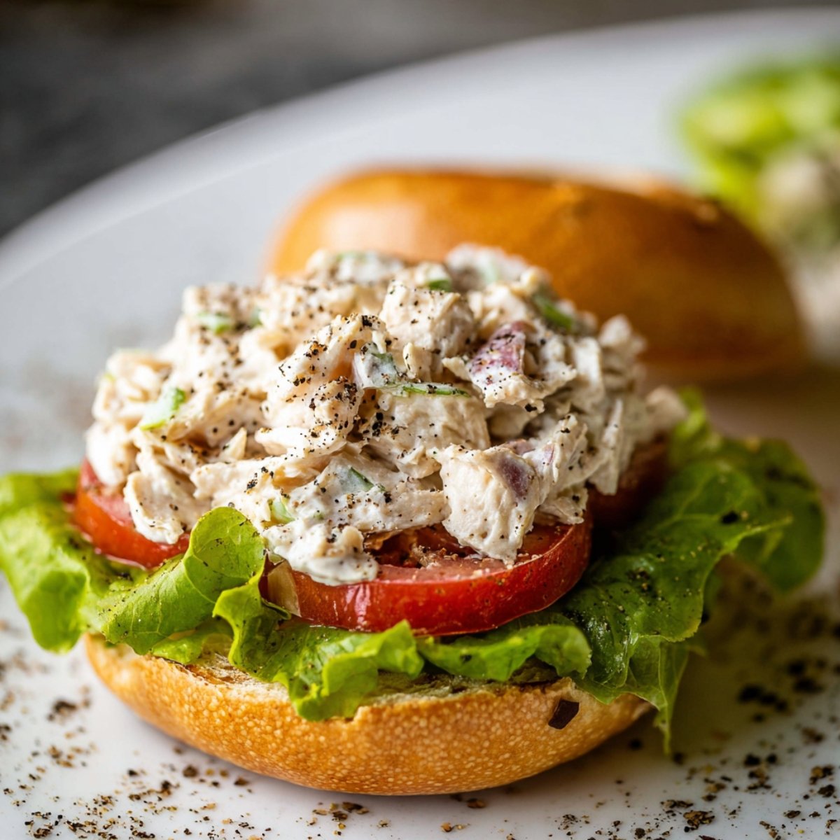 A delicious chicken salad on a toasted bagel, layered with lettuce, tomato, and a generous portion of the chicken salad, sprinkled with black pepper.