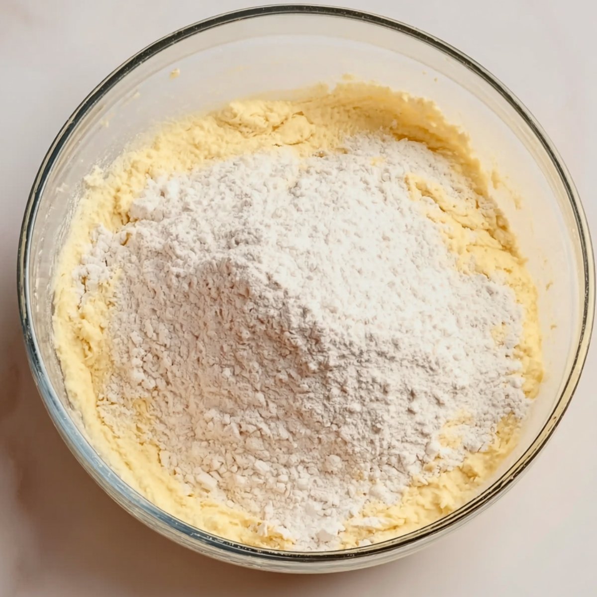 Combining the wet ingredients with the dry ingredients for cornbread, showing the process of stirring to create a smooth batter.