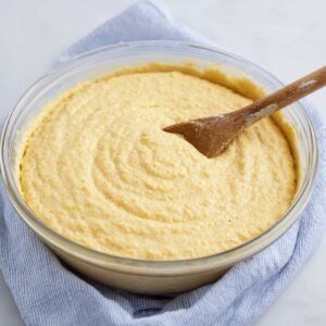 A bowl filled with thick, creamy cornbread batter, ready to be poured into a baking dish and transformed into a soft, golden cornbread.