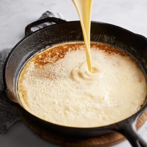 A perfectly baked Dutch Baby pancake in a cast iron skillet, showing its golden-brown edges and soft, puffy center right out of the oven, ready to be served.