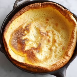 Melted and browned butter in a cast iron skillet, used for greasing the pan and adding rich flavor to the Dutch Baby pancake before baking.