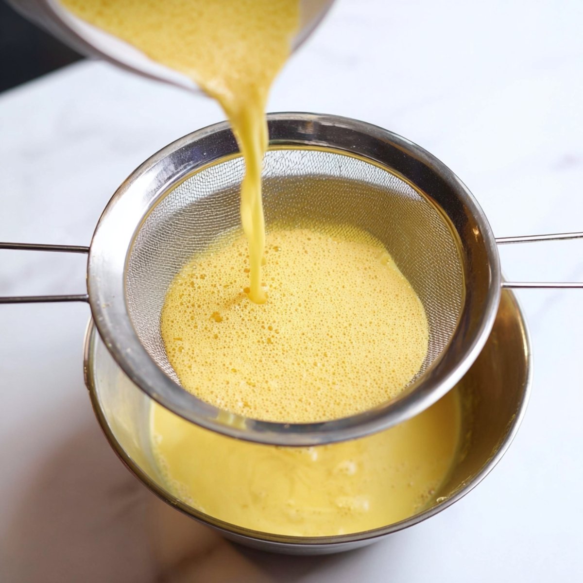 "Straining golden milk through a fine mesh sieve to remove any solid bits and achieve a smooth, creamy texture."