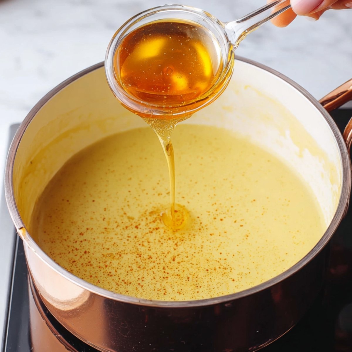 "Adding honey to a saucepan filled with golden milk ingredients, preparing to stir for a delicious, warm drink."