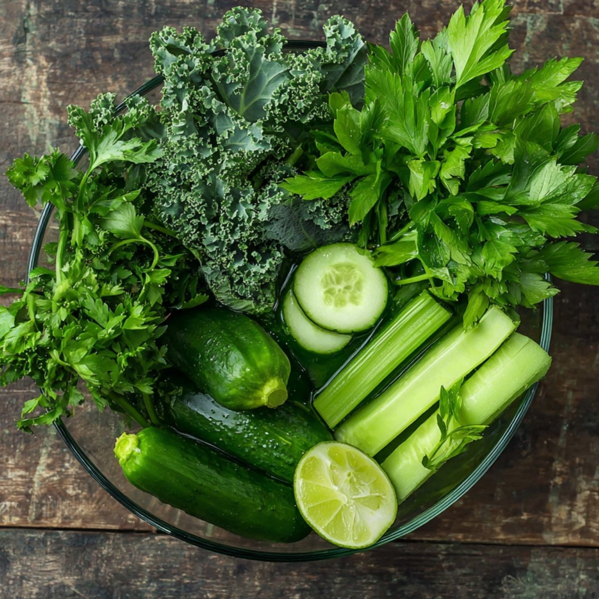 A bowl filled with fresh ingredients for green juice, including kale, cucumber, celery, parsley, and lime slices.