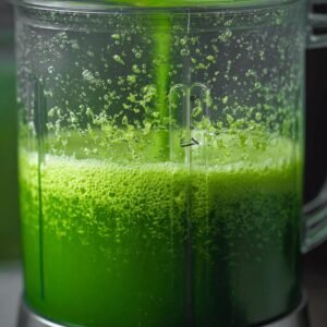 Green juice being blended in a blender with bubbles forming as the ingredients are mixed.