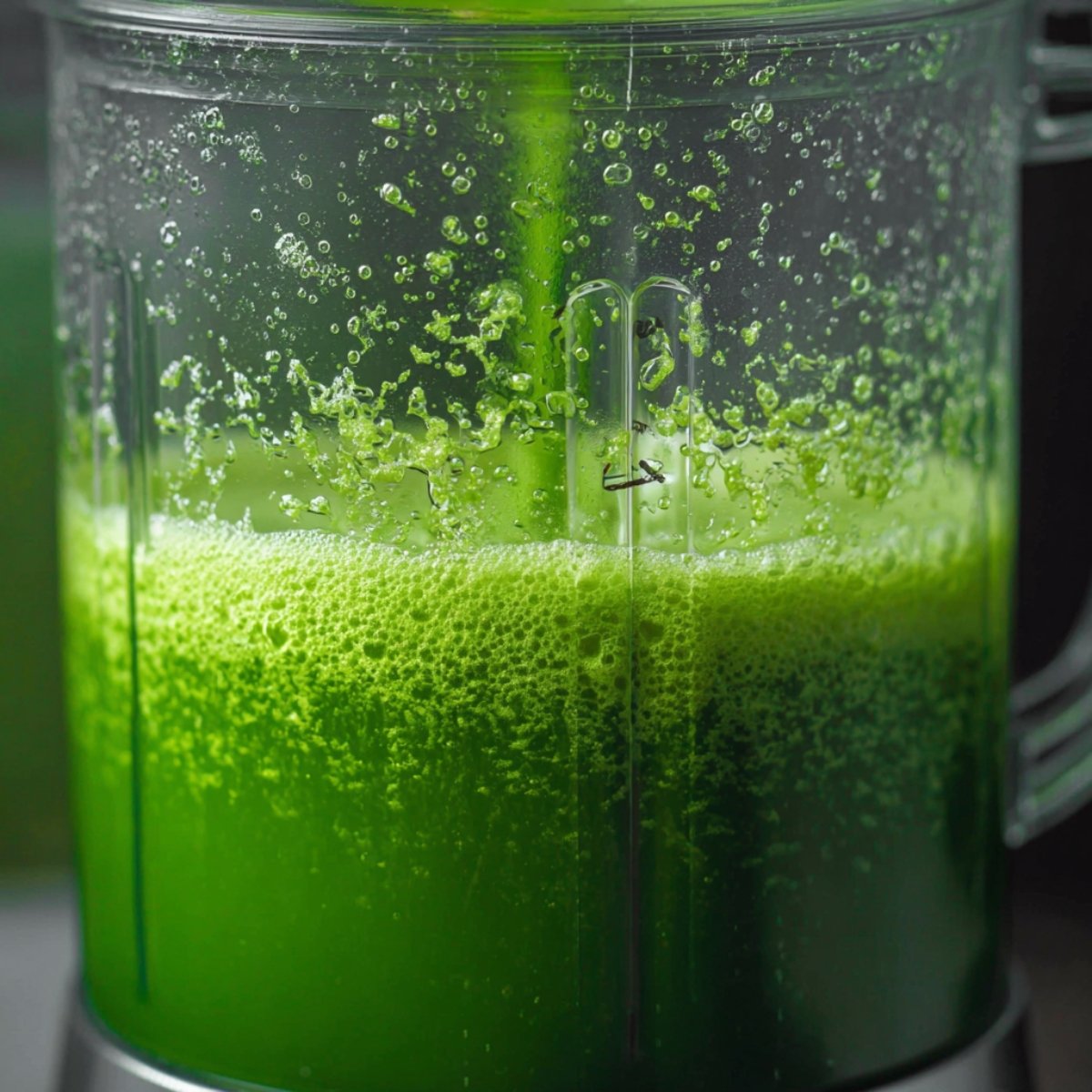 Green juice being blended in a blender with bubbles forming as the ingredients are mixed.