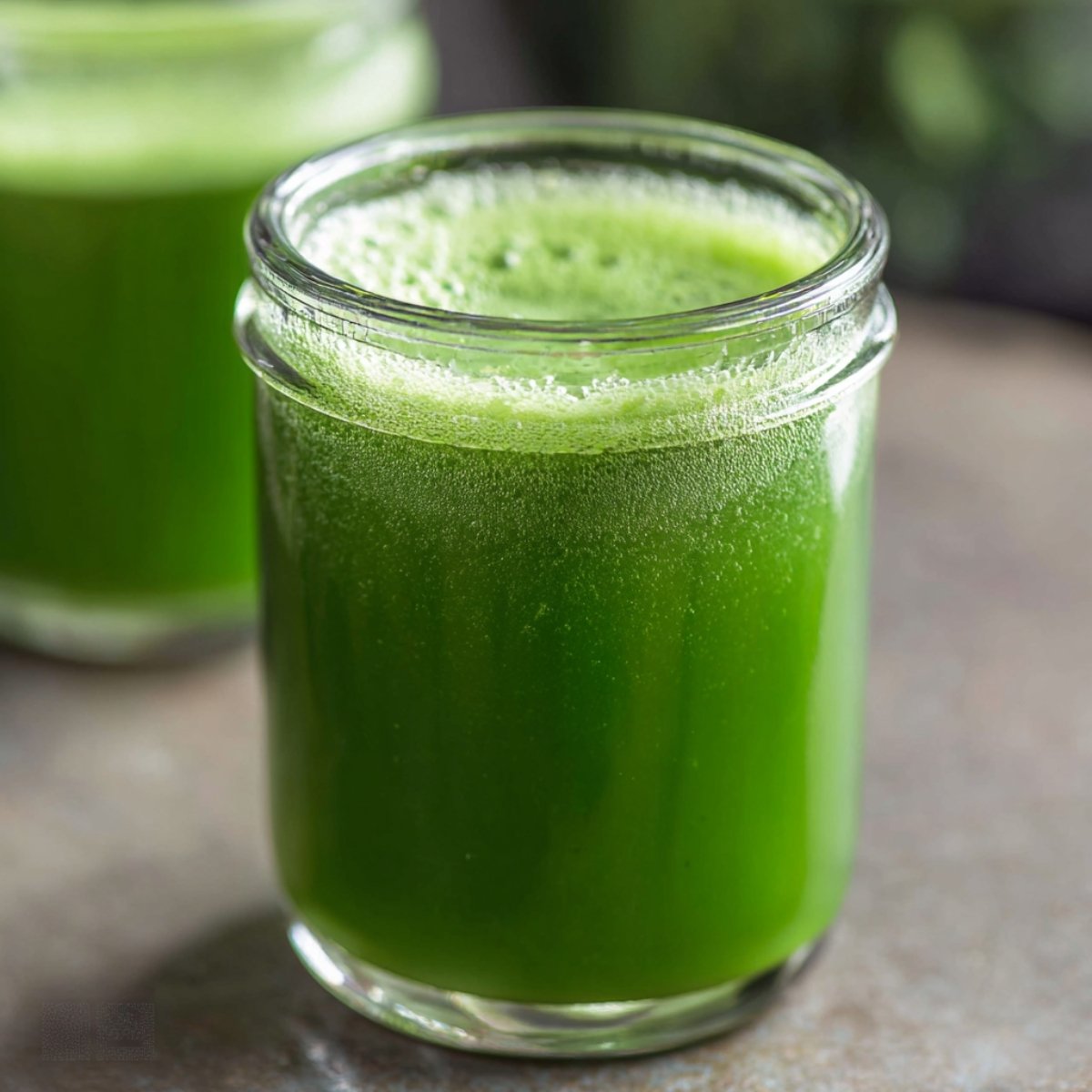 A refreshing green juice served in a clear glass jar with frothy bubbles at the top