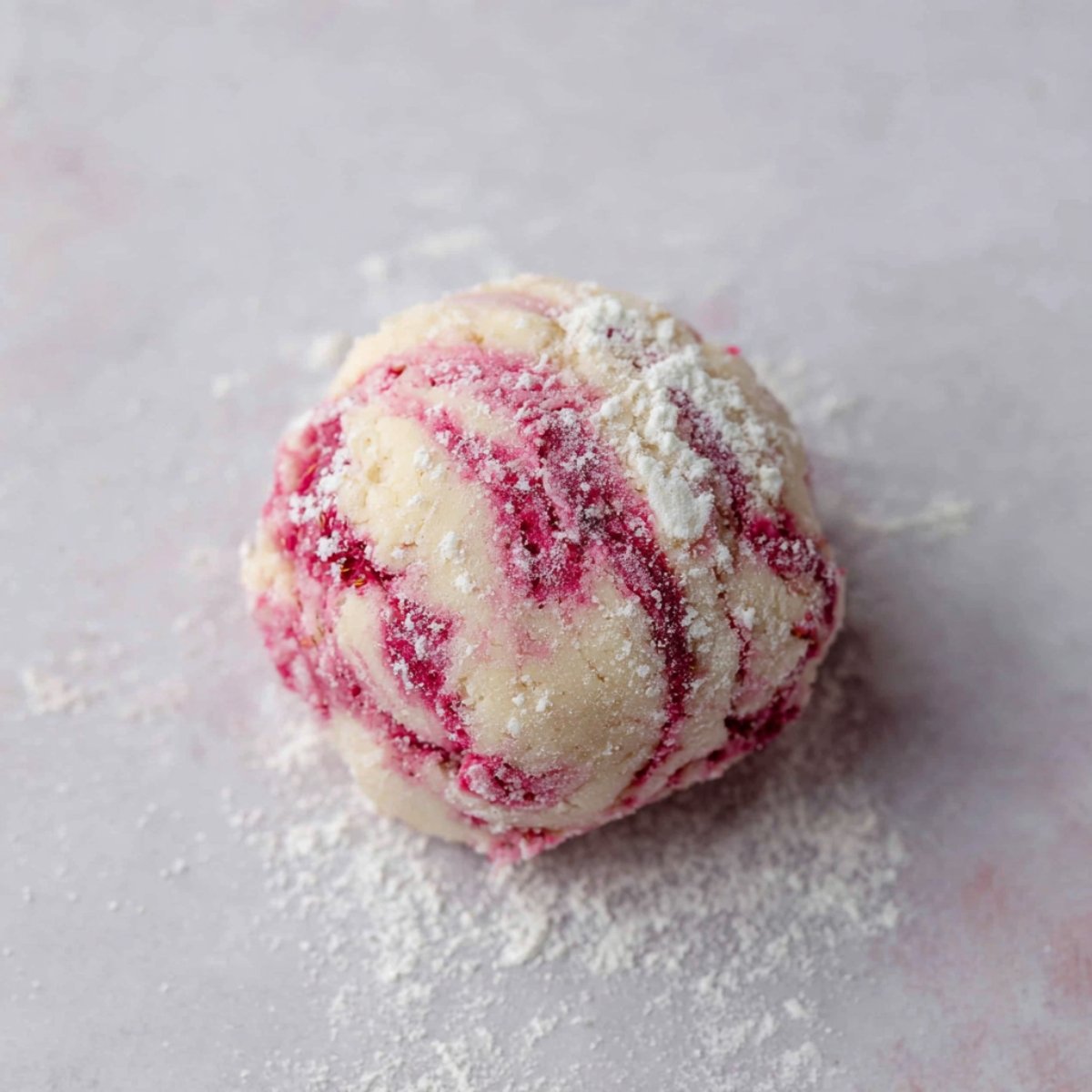 A close-up shot of a ball of raspberry cookie dough, coated with a fine dusting of flour. The dough has vibrant pink swirls from the raspberries, and it's placed on a smooth surface.