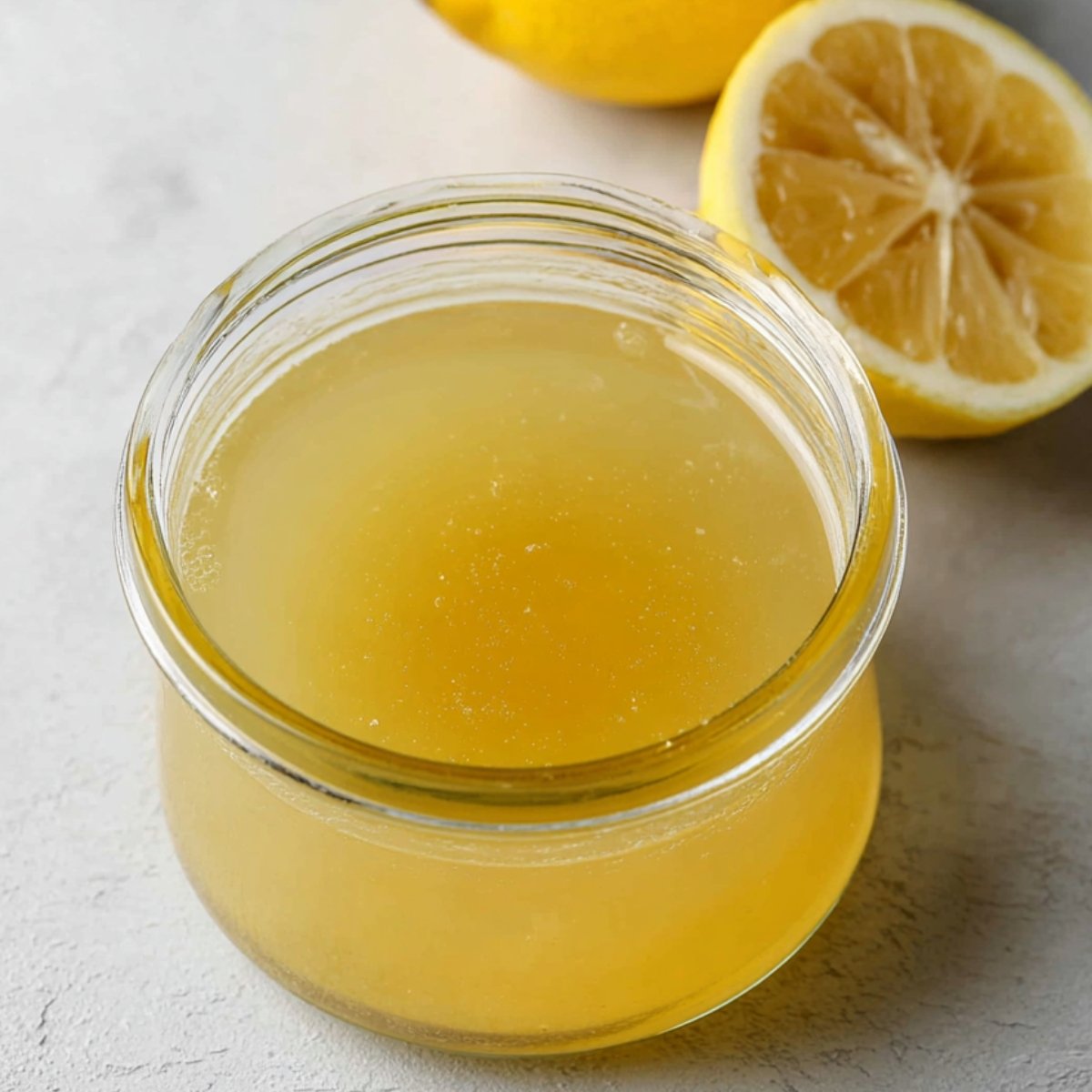A jar of freshly squeezed lemon juice with a smooth golden color, sitting next to halved lemons. The juice is clear with small lemon pulp specks visible.