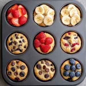 A muffin tin filled with freshly baked muffins, featuring toppings like banana slices, strawberries, chocolate chips, and blueberries in a neat arrangement.