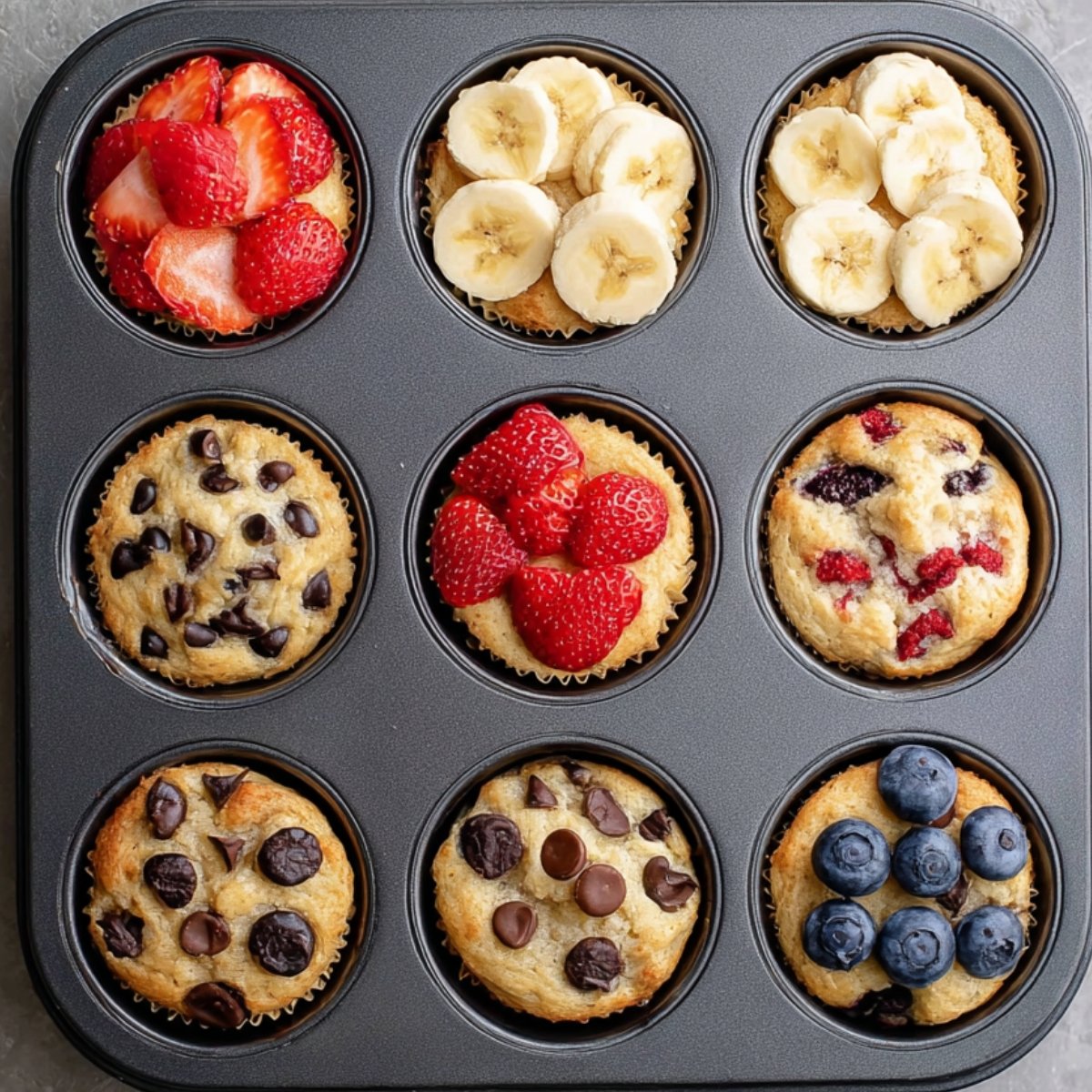 A muffin tin filled with freshly baked muffins, featuring toppings like banana slices, strawberries, chocolate chips, and blueberries in a neat arrangement.
