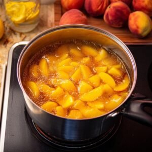 A pot on a stovetop, filled with chopped peaches, boiling in a syrupy liquid, with lemons and peaches placed around the kitchen counter.