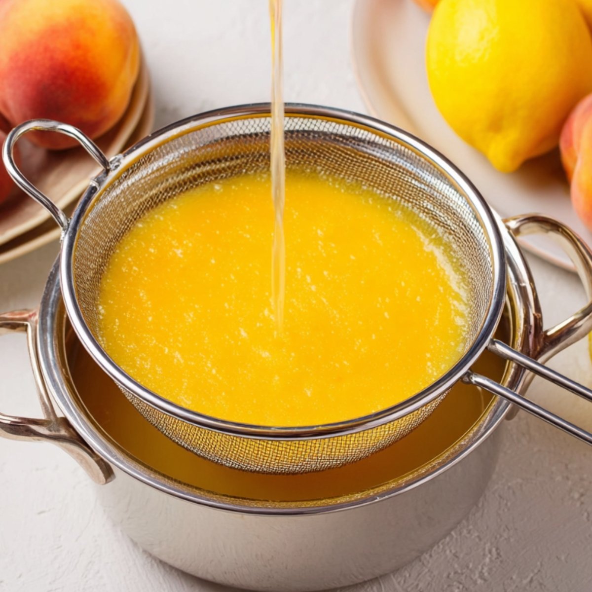 Peach Lemonade A close-up view of a fine mesh strainer with freshly squeezed peach and lemon juice being strained, with a plate of peaches and lemons beside it.