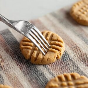 Fork pressing into a soft peanut butter cookie, showing crumb texture and classic crisscross pattern.