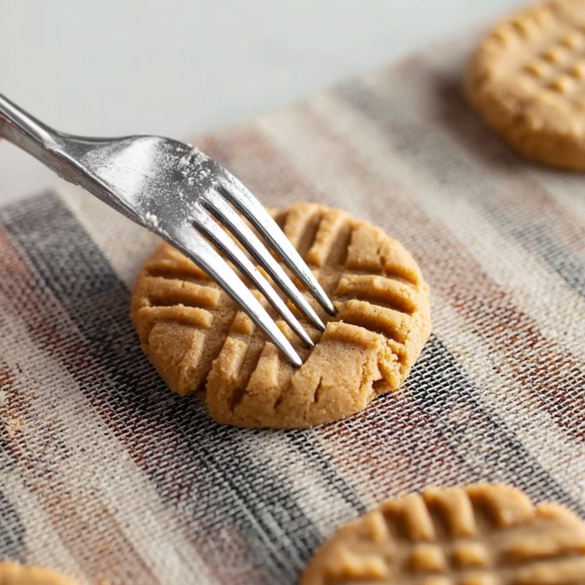 Fork pressing into a soft peanut butter cookie, showing crumb texture and classic crisscross pattern.