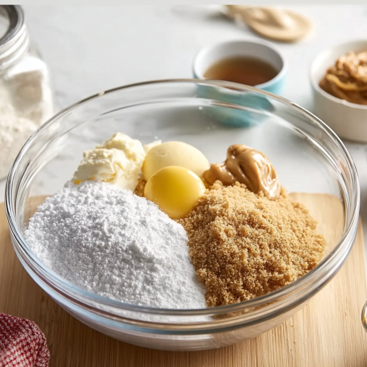 Glass bowl filled with peanut butter cookie ingredients including flour, sugars, butter, egg yolk, and peanut butter on a wooden board.