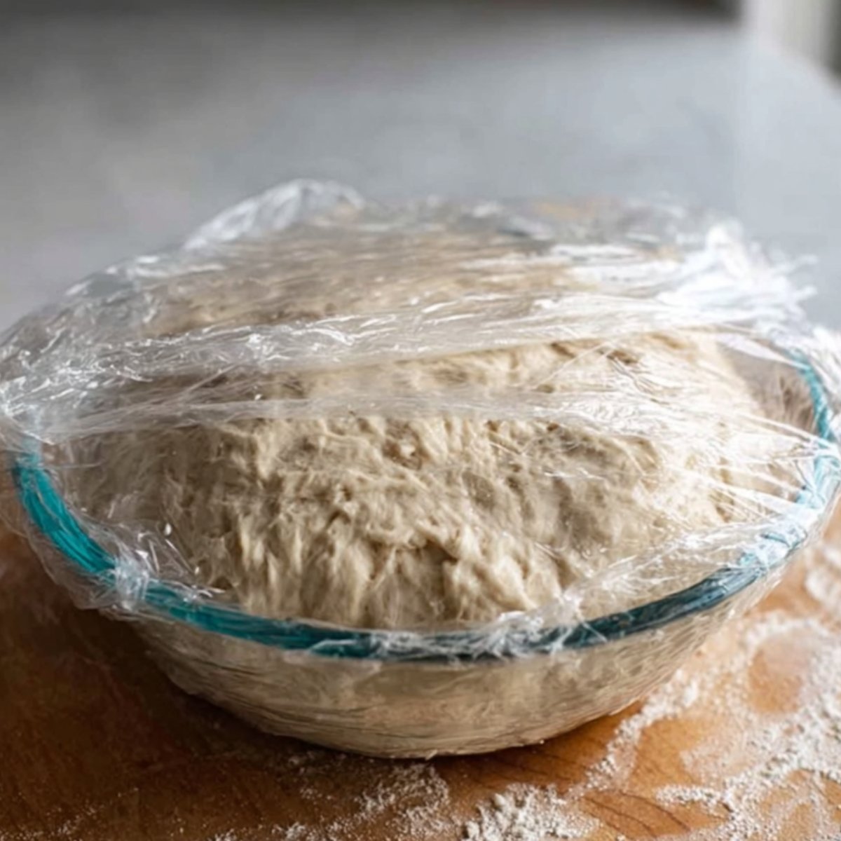 "A person covers a bowl of bread dough with plastic wrap to let it rise."