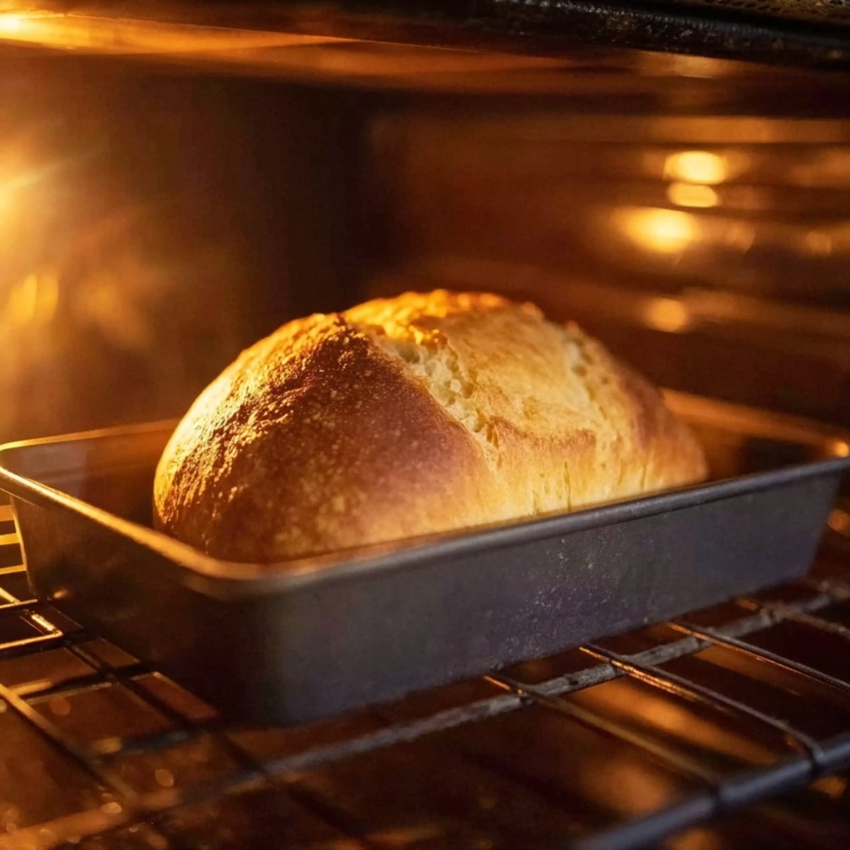 A loaf of bread bakes in the oven, rising and forming a golden crust.