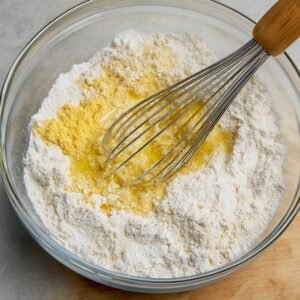 A person mixes bread dough ingredients in a glass bowl, combining the flour, water, and yeast.