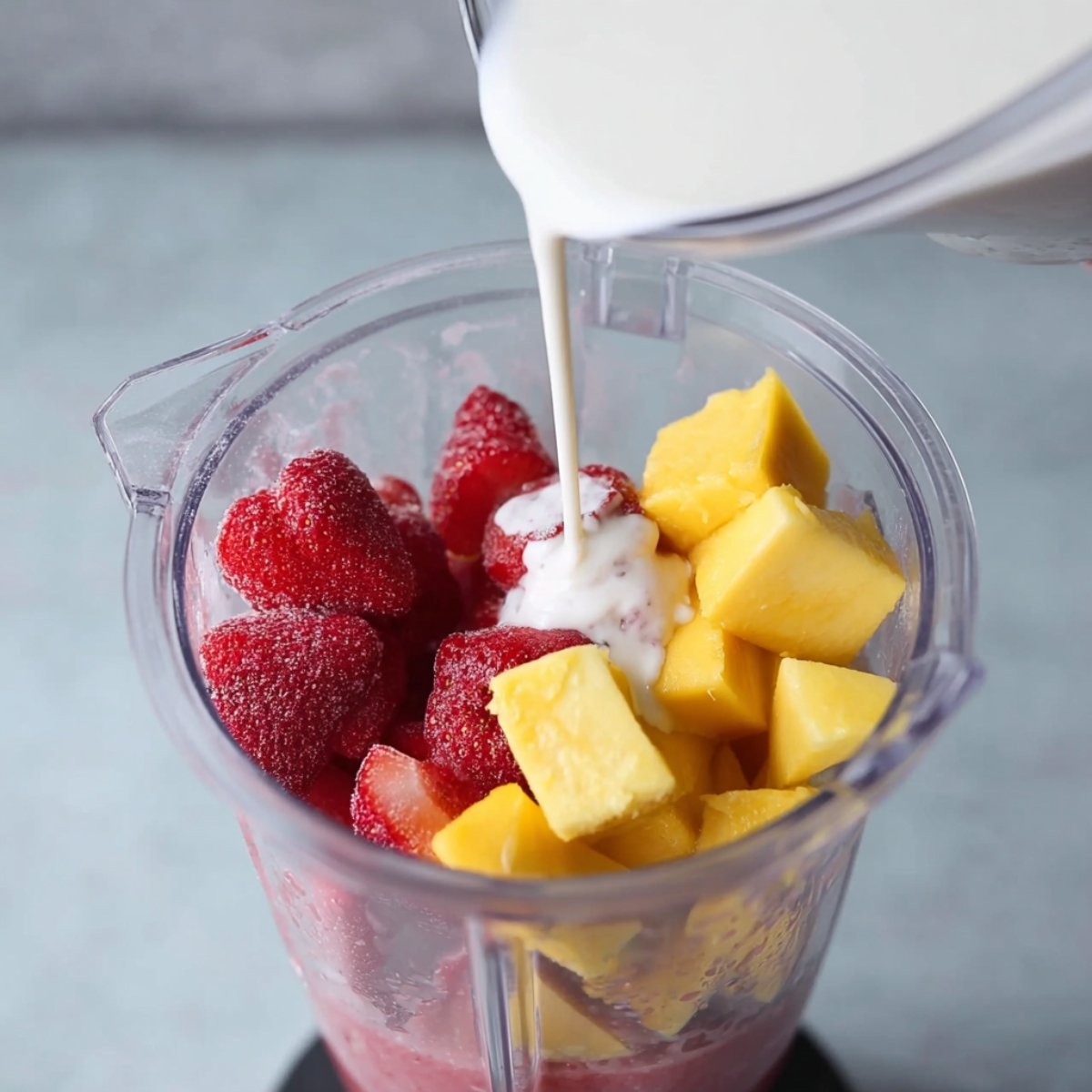 Ingredients for a strawberry mango smoothie being added to a blender, including frozen strawberries, mango chunks, and a splash of almond milk.