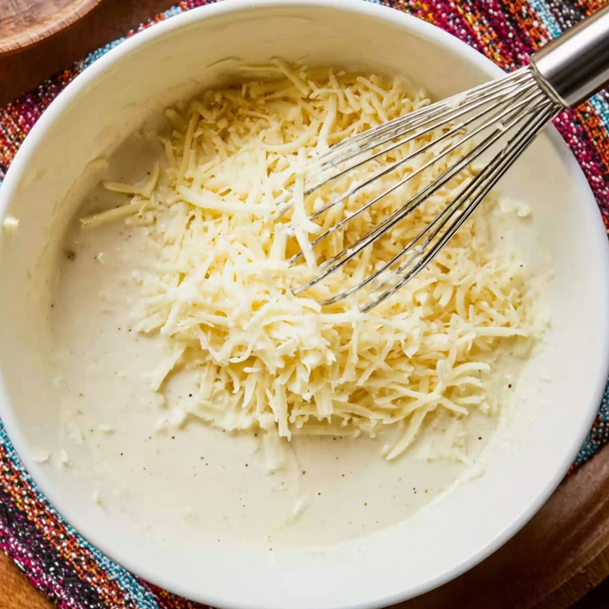 Close-up of shredded cheese being added into a creamy white sauce in a white bowl, with a metal whisk resting inside, on a colorful woven placemat.