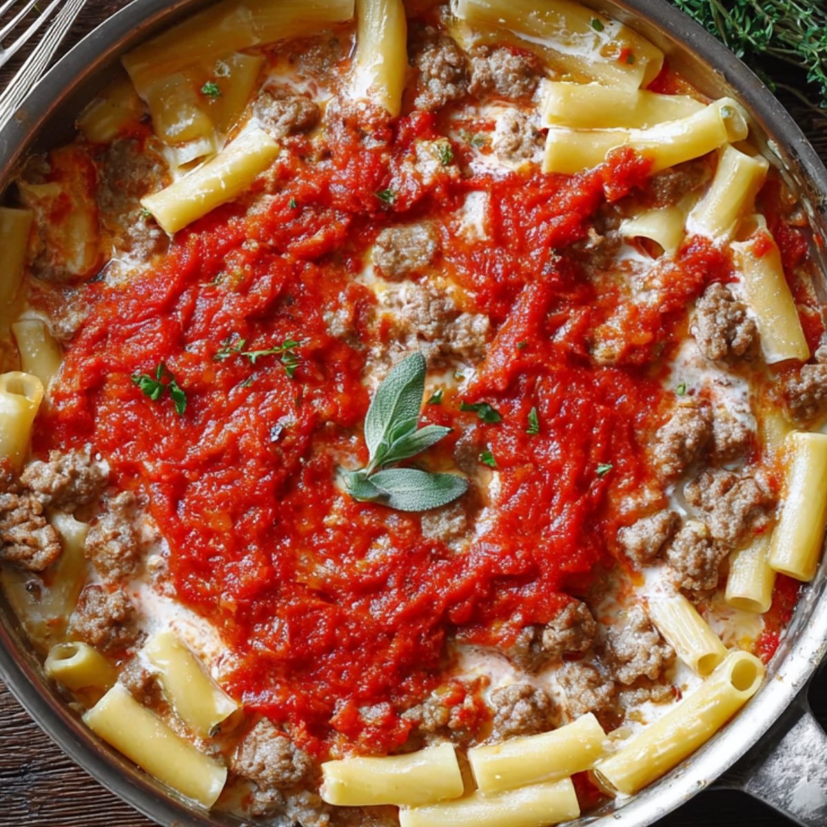 Top-down view of a skillet filled with rigatoni pasta, cooked sausage, creamy sauce, and vibrant red tomato sauce, garnished with fresh herbs on top.
