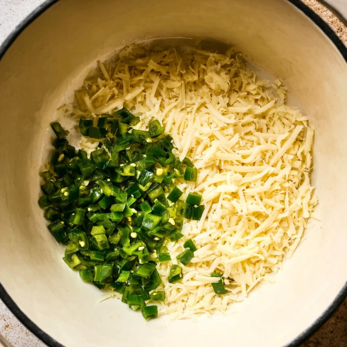 Top-down view of a pot containing finely shredded cheese and diced green peppers, ready to be added to a creamy soup.