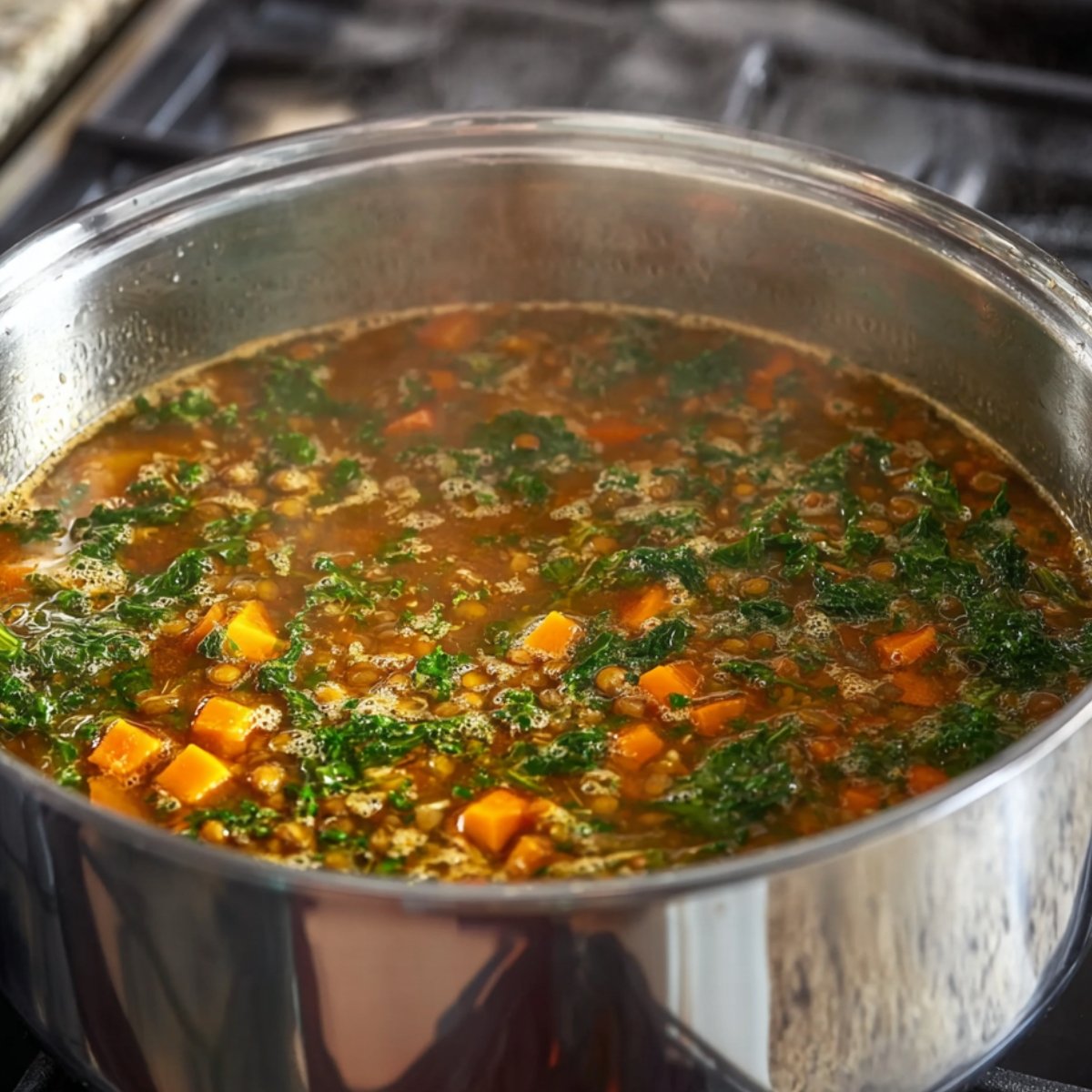 Close-up of a stainless steel pot on a gas stove with diced onions, carrots, and celery being sautéed, preparing the base for Moroccan lentil soup. Bright natural lighting, colorful vegetables in the shiny pot, home kitchen setting.