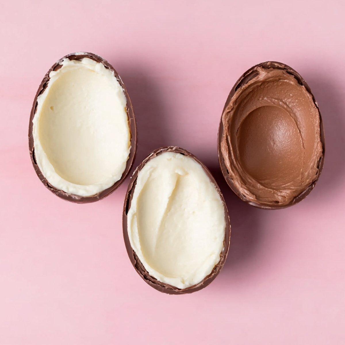 Three chocolate egg halves filled with smooth white and milk chocolate creams on a pink background.