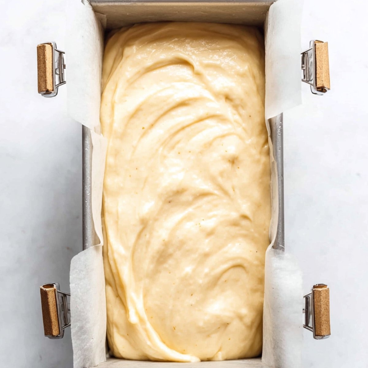 Top-down view of a loaf pan lined with parchment paper and metal clips, filled with smooth lemon cake batter, ready to bake. The batter is pale yellow with visible swirls on the surface.