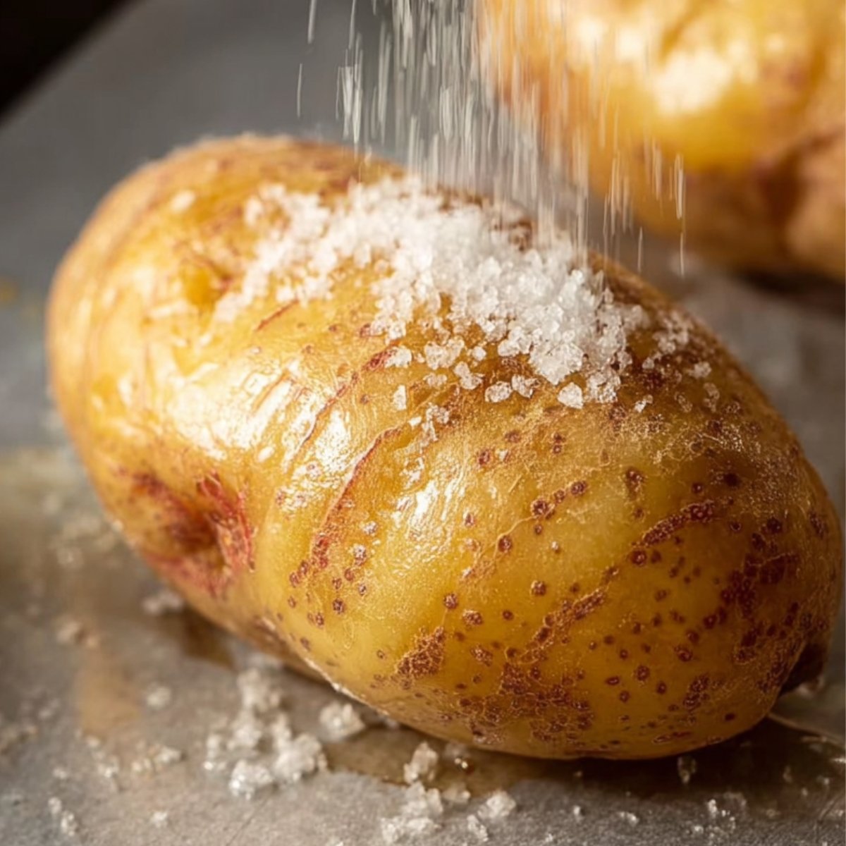 Close-up of whole potatoes on a baking tray, glistening with oil and sprinkled with coarse salt, ready for the oven, high detail, natural light, realistic food preparation.