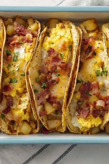 A rectangular baking dish with five baked breakfast tacos, each filled with scrambled eggs, diced cooked potatoes, crispy bacon, and melted cheese, garnished with chopped parsley.