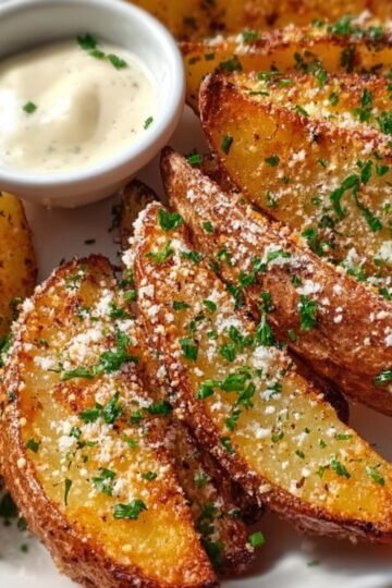 Close-up of baked garlic parmesan potato wedges on a white plate, garnished with fresh parsley and parmesan, served with a small bowl of creamy dipping sauce, showing crispy golden edges and seasoned texture.