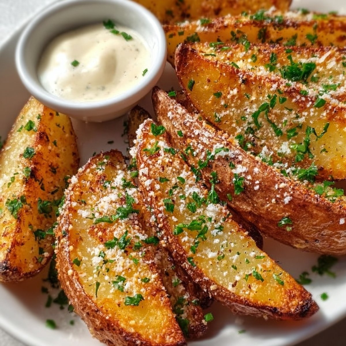 Close-up of baked garlic parmesan potato wedges on a white plate, garnished with fresh parsley and parmesan, served with a small bowl of creamy dipping sauce, showing crispy golden edges and seasoned texture.