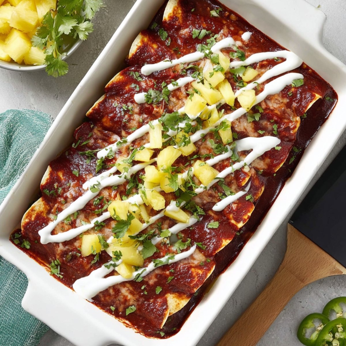 Close-up of a white rectangular baking dish with beef and pineapple enchiladas, covered in smooth red enchilada sauce, drizzled with sour cream and sprinkled with fresh cilantro and pineapple chunks, bright natural lighting, appetizing and colorful presentation.