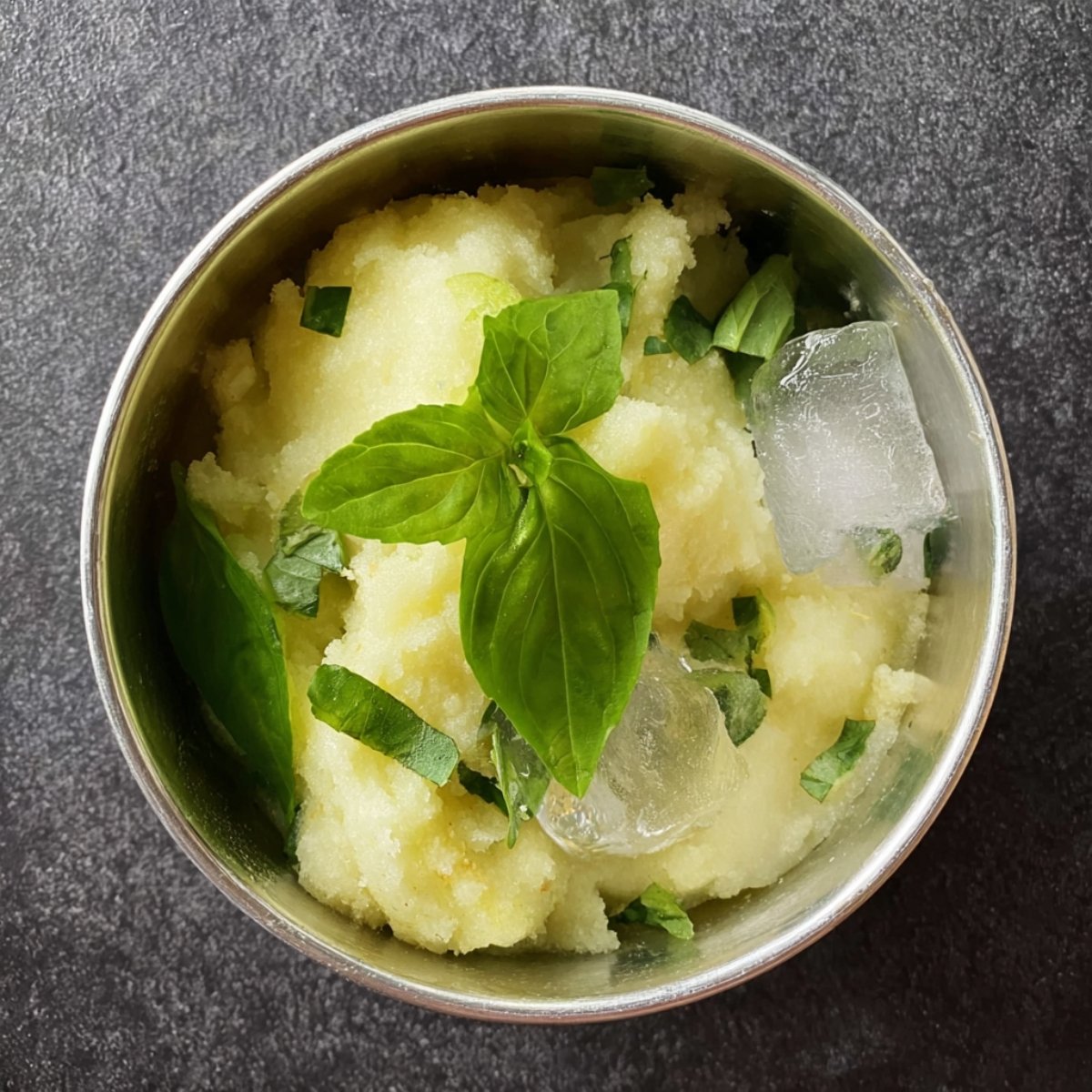 A metal bowl filled with pale yellow granita or sorbet, topped with fresh green basil leaves and small ice cubes on a dark textured surface.