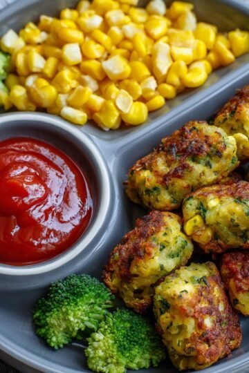 A gray divided plate with six homemade broccoli tots, a portion of steamed broccoli, a section of corn kernels, and a small metal cup of ketchup for dipping, all arranged neatly.