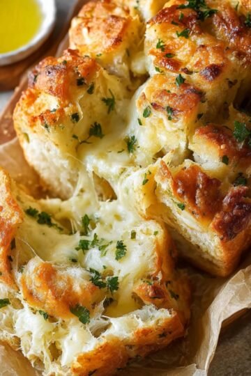 Freshly baked Cheesy Garlic Pull Apart Bread on parchment paper, golden brown with melted cheese and parsley, some pieces pulled apart to show the gooey, cheesy interior, accompanied by a small bowl of melted butter.