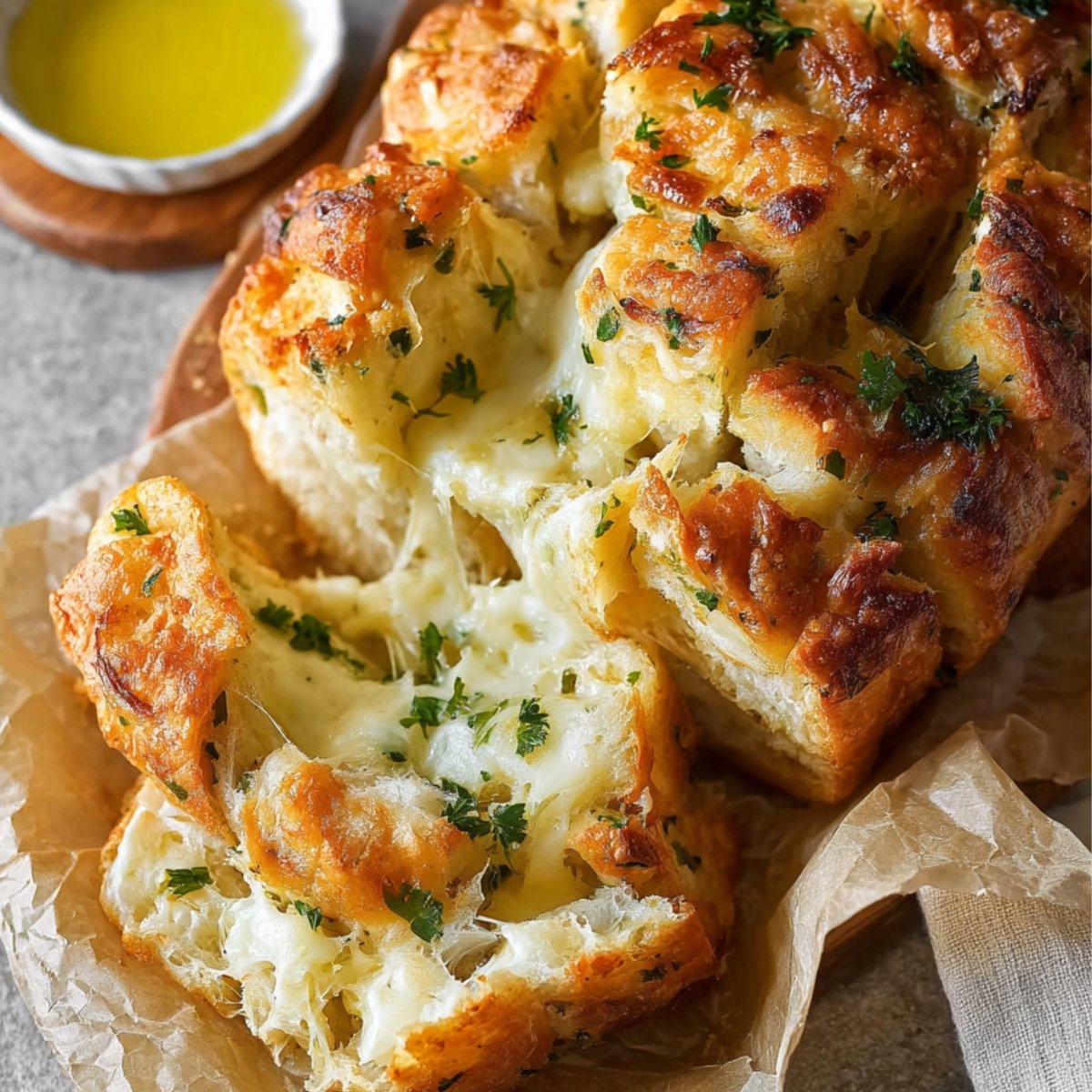 Freshly baked Cheesy Garlic Pull Apart Bread on parchment paper, golden brown with melted cheese and parsley, some pieces pulled apart to show the gooey, cheesy interior, accompanied by a small bowl of melted butter.
