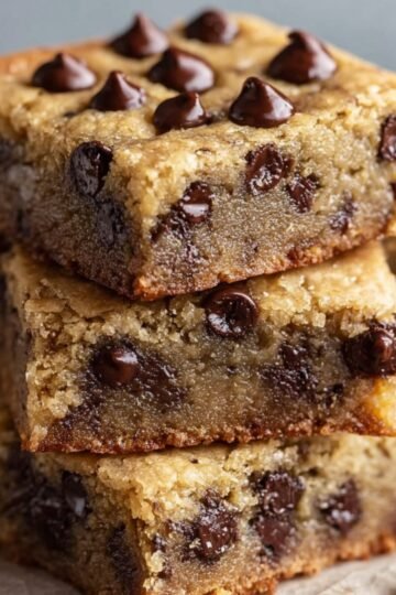 Stack of freshly baked chocolate chip cookie bars with a golden-brown, soft, and chewy texture. Semi-sweet chocolate chips are visible inside and on top, highlighting a rich, homemade appearance.