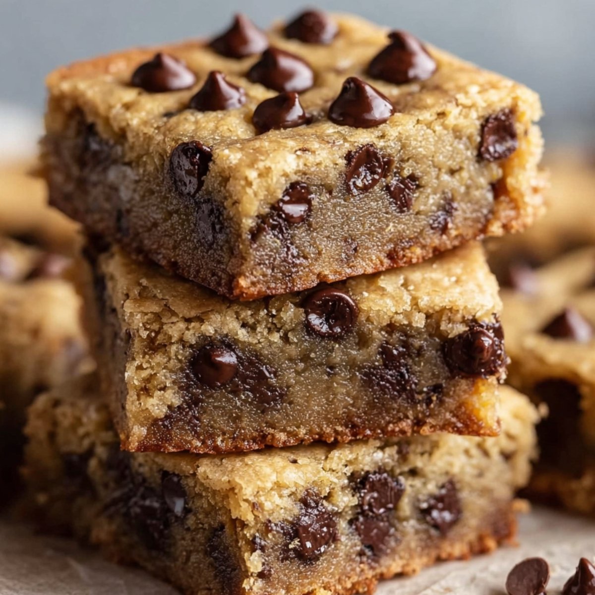 Stack of freshly baked chocolate chip cookie bars with a golden-brown, soft, and chewy texture. Semi-sweet chocolate chips are visible inside and on top, highlighting a rich, homemade appearance.