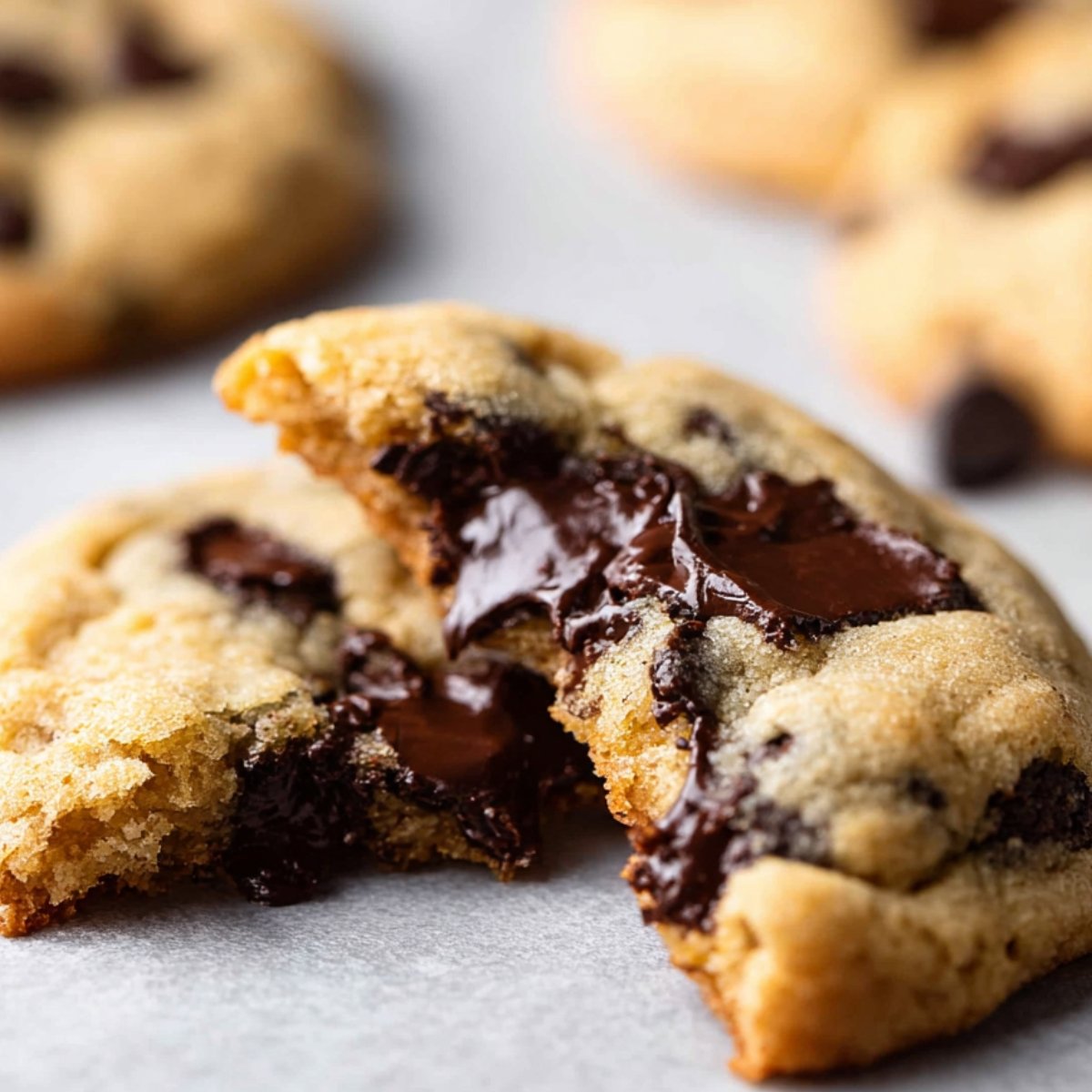 Macro shot of a Chocolate Chip Cookies broken open on a parchment-lined surface, revealing melted chocolate oozing from the center, highlighting a soft, chewy texture.