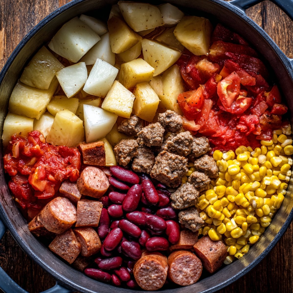 A pot filled with raw stew ingredients arranged in sections, including cubed potatoes, diced tomatoes, sweet corn, cooked ground beef, sliced smoked sausage, and red kidney beans, ready to be cooked.
