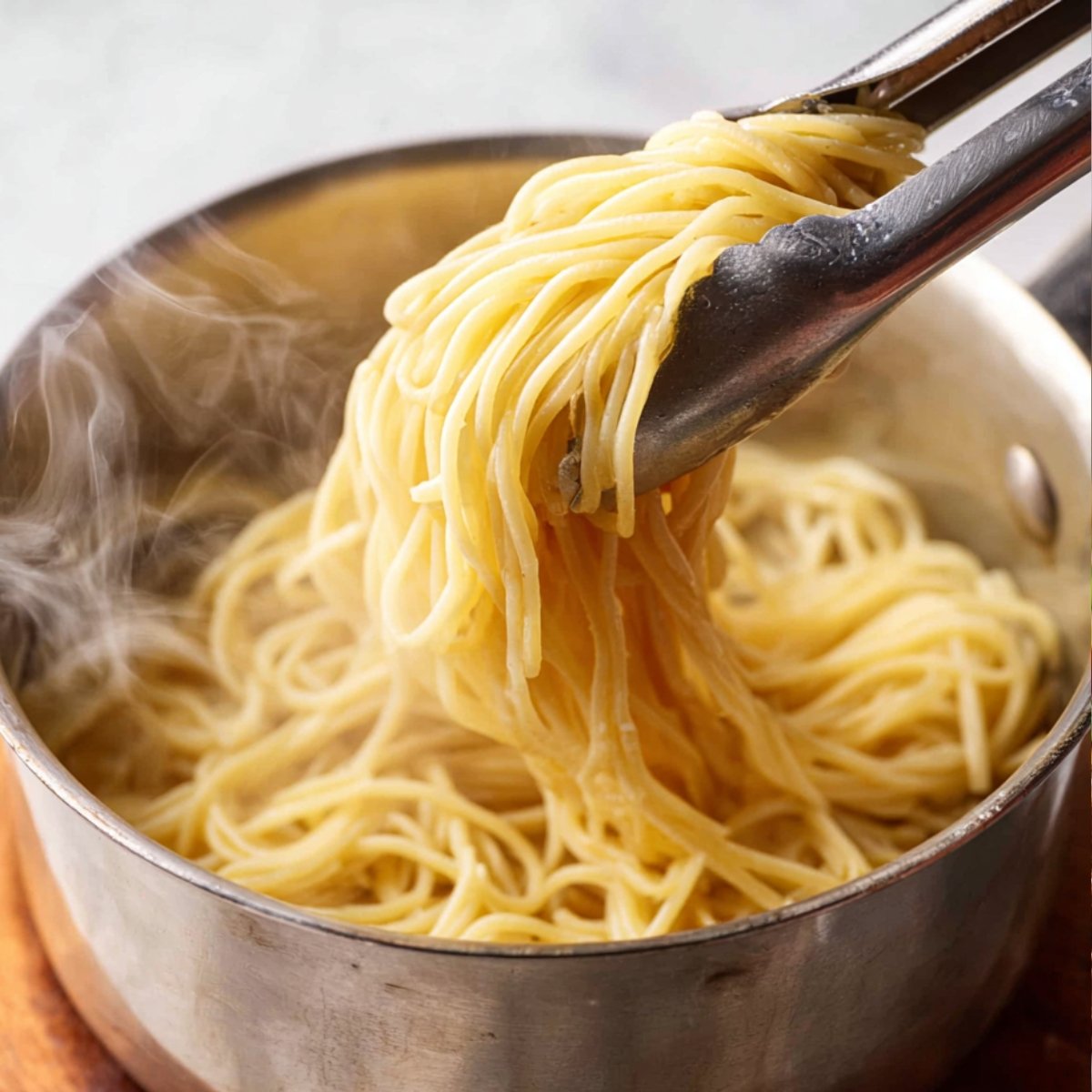 Close-up of freshly cooked spaghetti noodles being lifted from a small stainless steel pot with metal tongs. Steam rises from the hot noodles, highlighting their soft, cooked texture, set on a wooden surface.