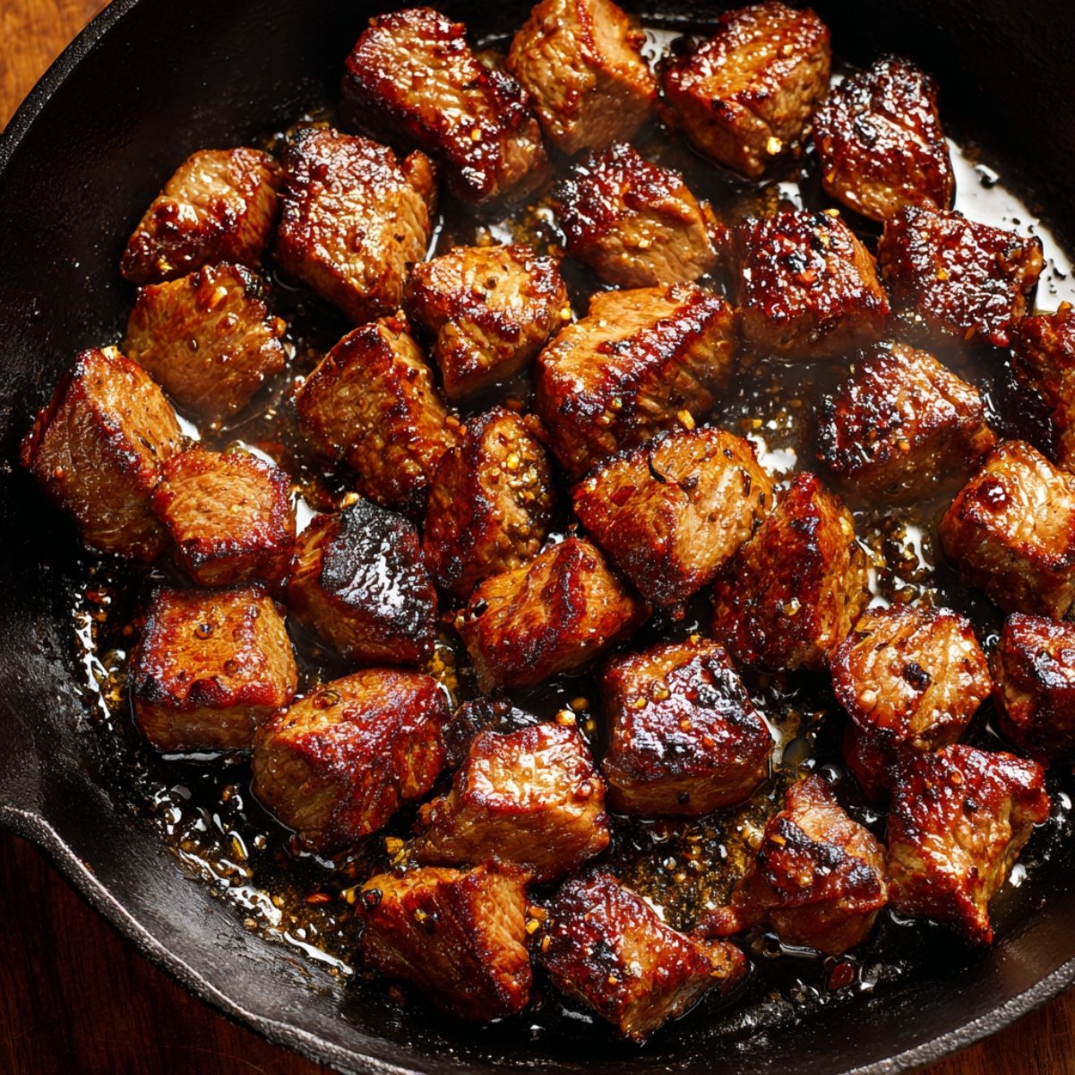 Close-up of bite-sized steak pieces seared to golden-brown perfection in a black cast iron skillet, glistening with cooking juices, showing a caramelized crust and juicy texture.