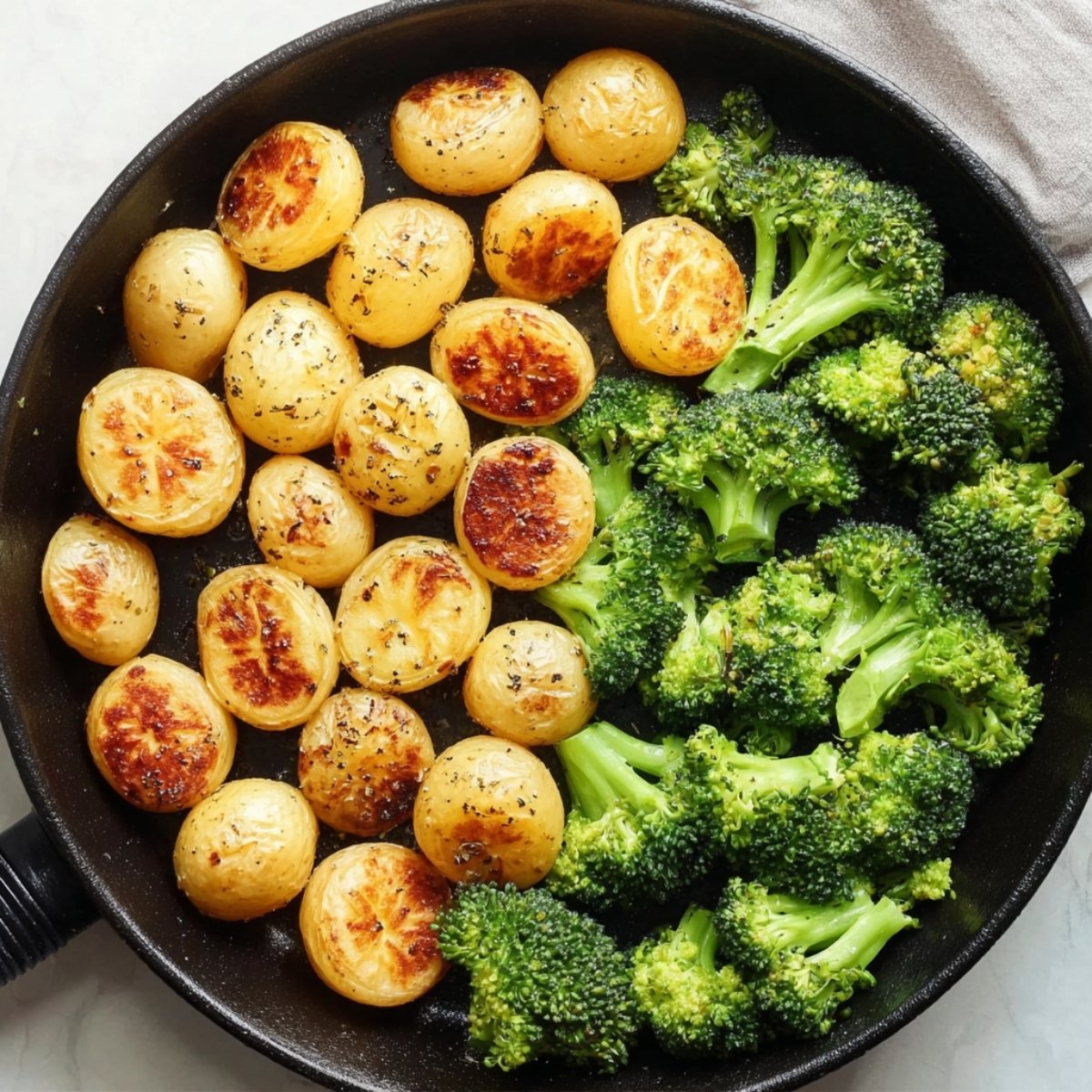 Top-down view of roasted baby potatoes and bright green broccoli florets in a black cast iron skillet, with a golden-brown sear on the potatoes and vibrant, tender broccoli.